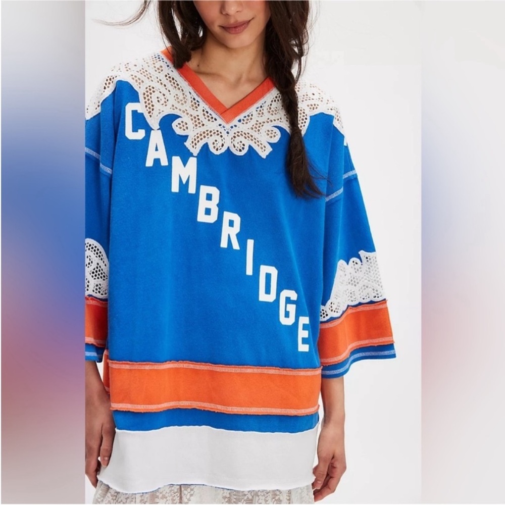 Free People Blue and Orange 'Cambridge' Short Sleeve Tee